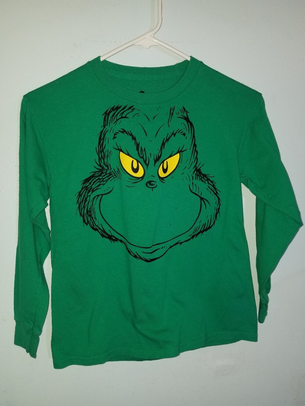 Green Grinch Face Long Sleeve Tee Large 10 12 Christmas Shirt